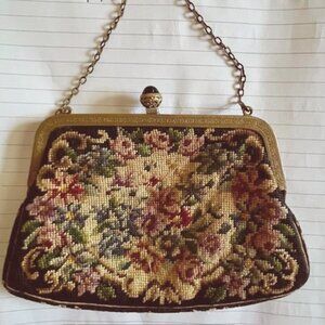 Antique Petit Point with Black Cabochon Stone small purse 1920's